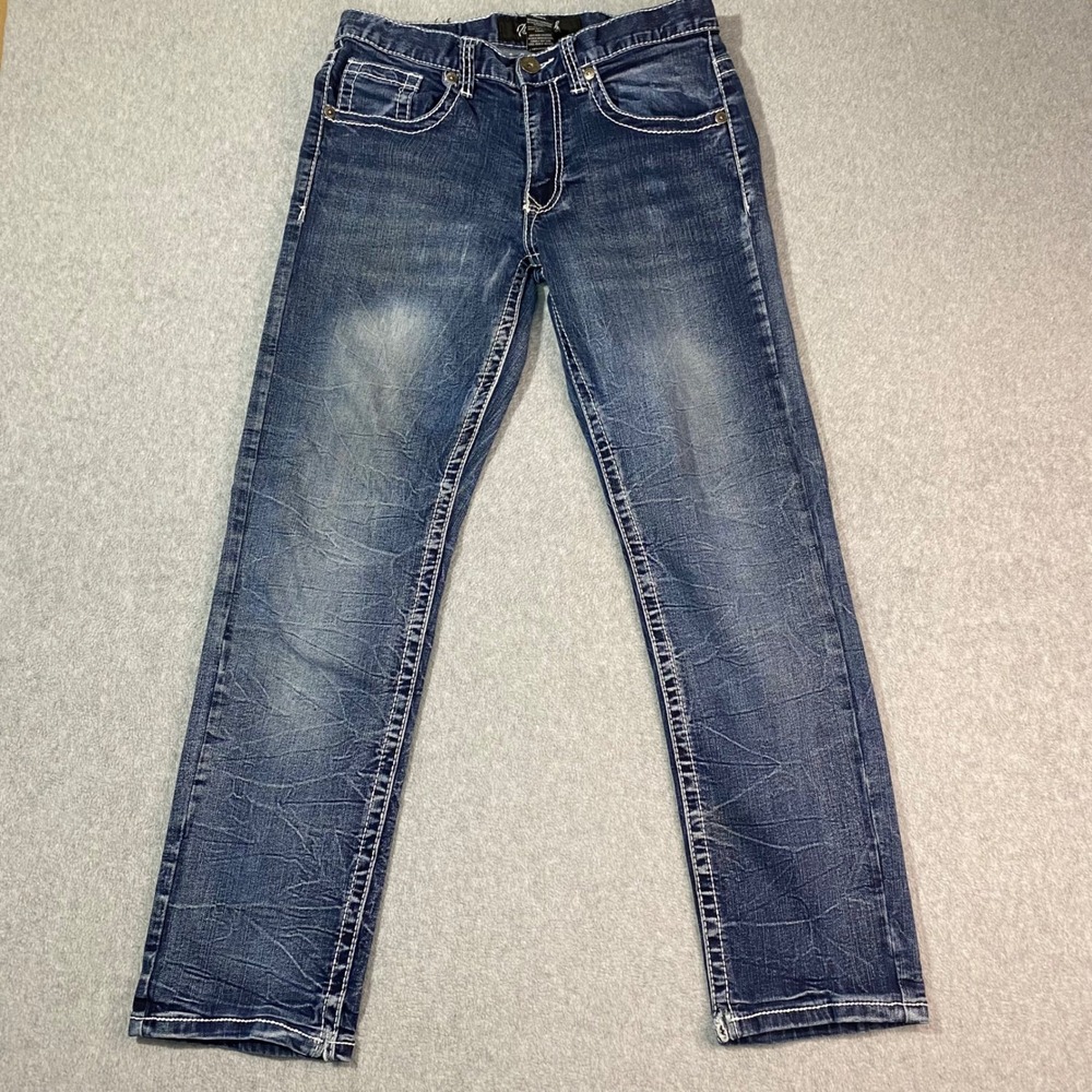 True Luck Straight Leg Jeans‎ Women's 30x30 Blue Thick Stitch Embroidered EUC